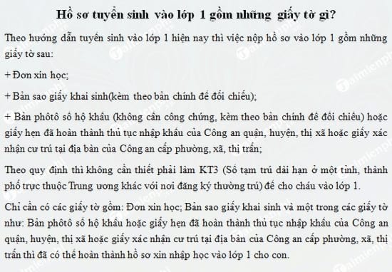 ho so tuyen sinh vao lop 1 gom nhung giay to gi