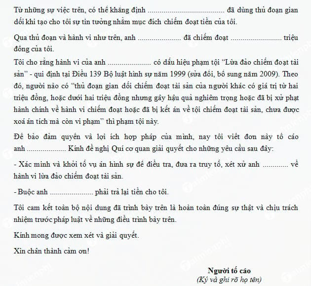 Mẫu đơn tố cáo hành vi lừa đảo chiếm đoạt tài sản Đơn tố cáo tội phạm