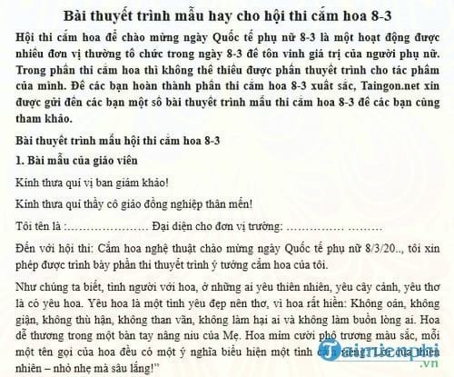 Bài thuyết trình mẫu hay cho hội thi cắm hoa 8-3, Diễn văn thi cắm hoa