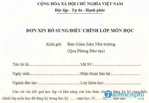 don xin bo sung dieu chinh lop mon hoc