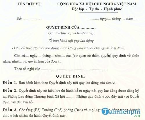 mau quyet dinh ban hanh noi quy lao dong