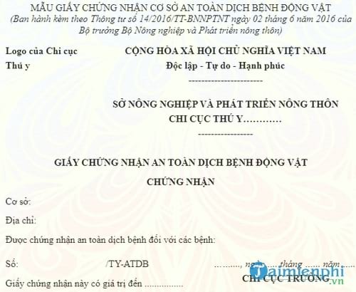 mau giay chung nhan co so an toan dich benh dong vat