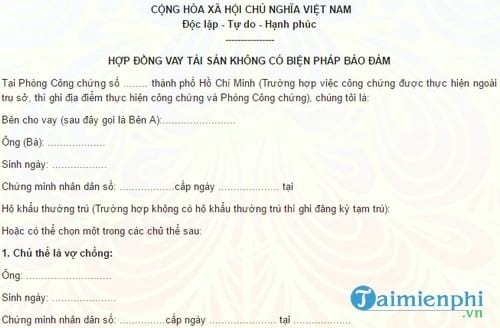 mau hop dong vay tai san khong co bien phap dam bao