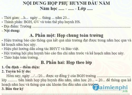 noi dung hop phu huynh dau nam hoc