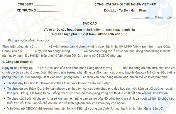 bao cao hoat dong ki niem ngay phu nu viet nam 20 10
