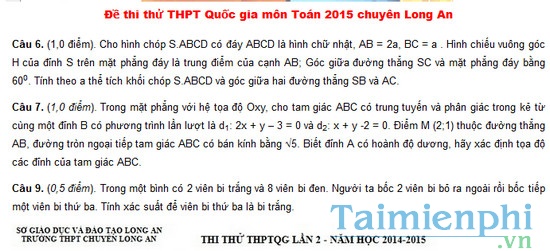 Đề thi thử THPT Quốc gia môn Toán 2015 chuyên Long An