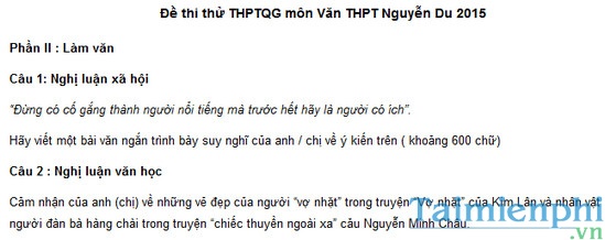 Đề thi thử THPTQG môn Văn trường THPT Nguyễn Du 2015