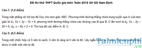 Đề thi thử THPT Quốc gia môn Toán 2015 Sở GD Nam Định