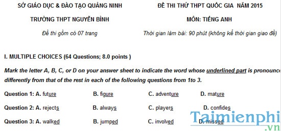 Đề thi thử THPTQG môn Tiếng Anh trường THPT Nguyễn Bình năm 2015