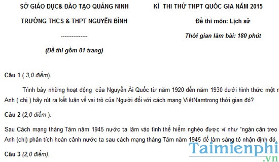 Đề thi thử THPTQG môn Sử trường THCS và THPT Nguyễn Bình năm 2015