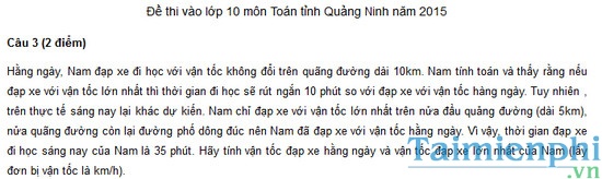 Đề thi vào lớp 10 môn Toán tỉnh Quảng Ninh năm 2015