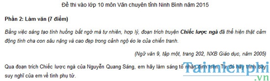 Đề thi vào lớp 10 môn Văn chuyên tỉnh Ninh Bình năm 2015