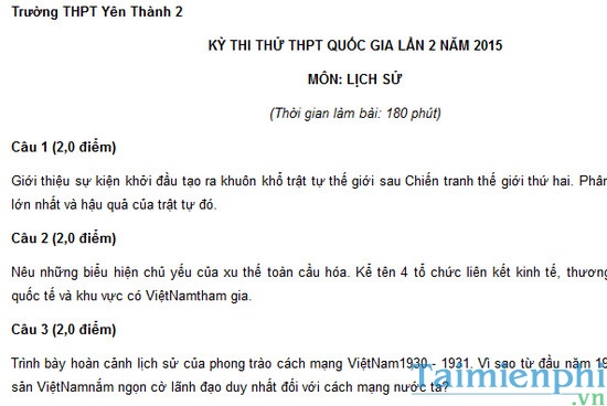 Đề thi thử THPTQG môn Sử lần 2 trường THPT Yên Thành 2 năm 2015
