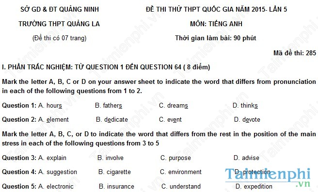 Đề thi thử THPT Quốc Gia môn Tiếng Anh trường Quảng La