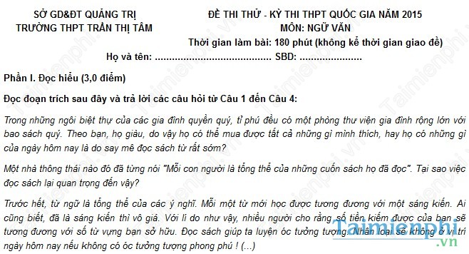 Đề thi thử THPT Quốc Gia môn Văn trường Trần Thị Tâm