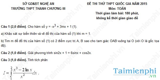 Đề thi thử THPT Quốc Gia môn Toán trường Thanh Chương 3