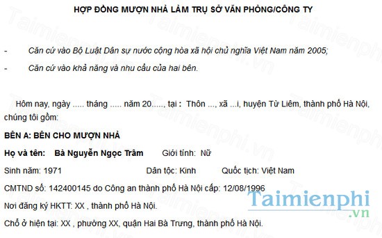 Download Hợp Đồng Mượn Nhà Làm Trụ Sở Văn Phòng Công Ty Doc - Mẫu Hợp