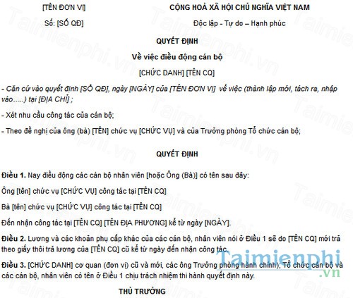 download mau quyet dinh ve viec dieu dong can bo