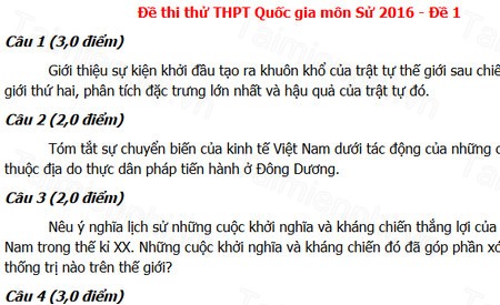 Đề thi thử THPTQG môn Lịch sử tỉnh Điện Biên năm 2016