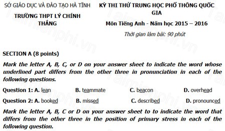 Đề thi thử THPTQG môn Tiếng Anh THPT Lý Chính Thắng năm 2016
