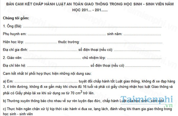 download ban cam ket chap hanh luat an toan giao thong cua hoc sinh sinh vien