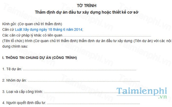 download mau to trinh tham dinh du an dau tu xay dung cong trinh