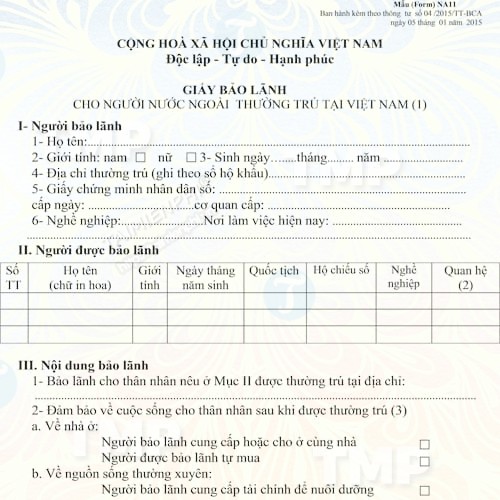 Mẫu giấy bảo lãnh cho người nước ngoài thường trú tại Việt Nam