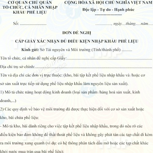 Mẫu đơn đề nghị cấp giấy chứng nhận đủ điều kiện nhập khẩu phế liệu