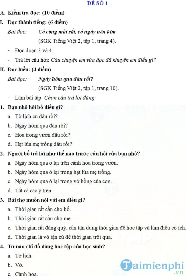 19 đề thi học kì 1 môn Tiếng Việt lớp 2