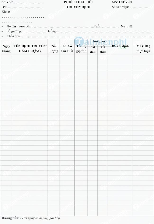 Mẫu phiếu theo dõi truyền dịch
