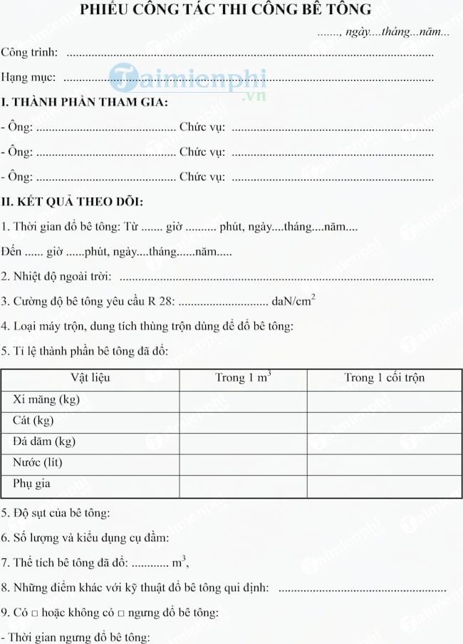 Mẫu phiếu công tác thi công bê tông