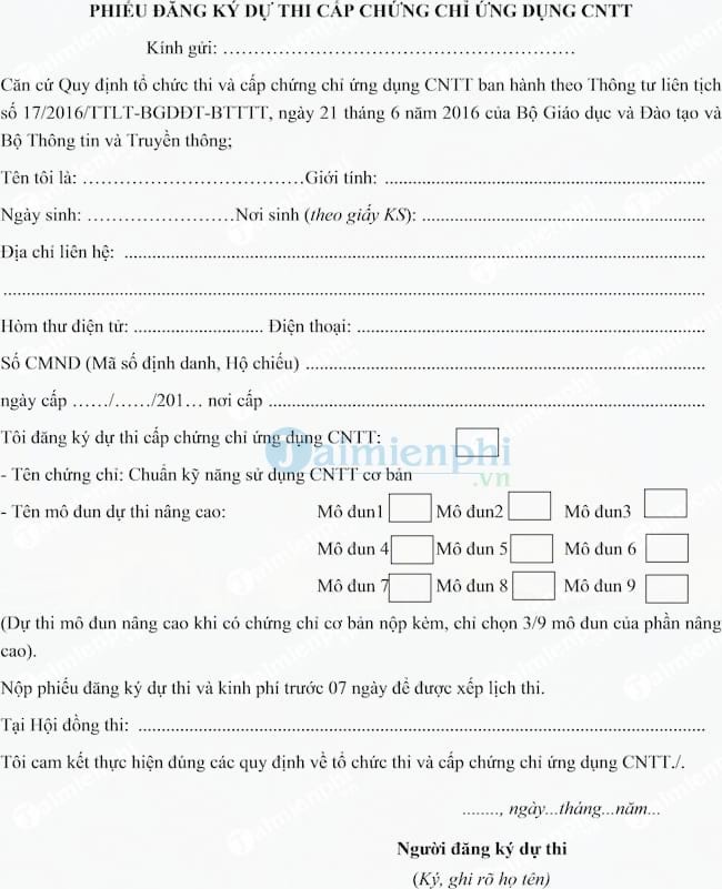 Mẫu phiếu đăng ký thi chứng chỉ ứng dụng CNTT cơ bản