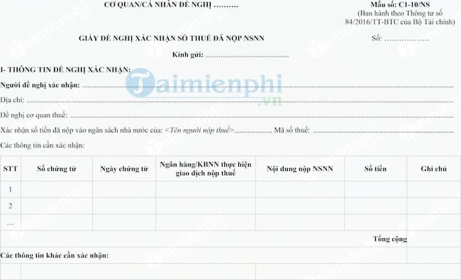 Mẫu giấy đề nghị xác nhận số thuế đã nộp NSNN