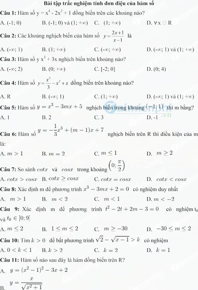 Bài tập trắc nghiệm tính đơn điệu của hàm số