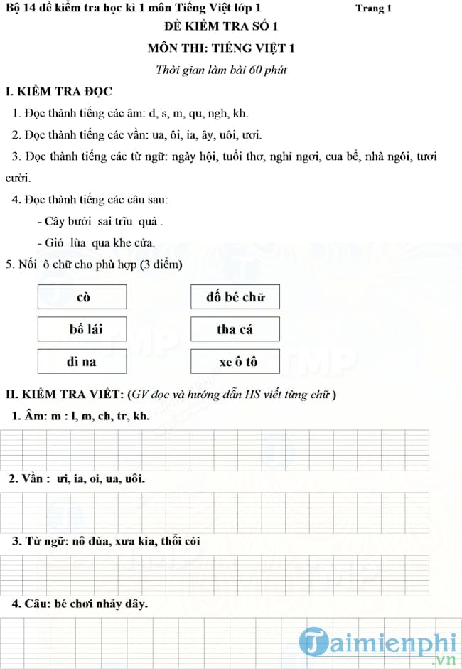 Đề kiểm tra học kỳ 1 lớp 1 môn Tiếng Việt