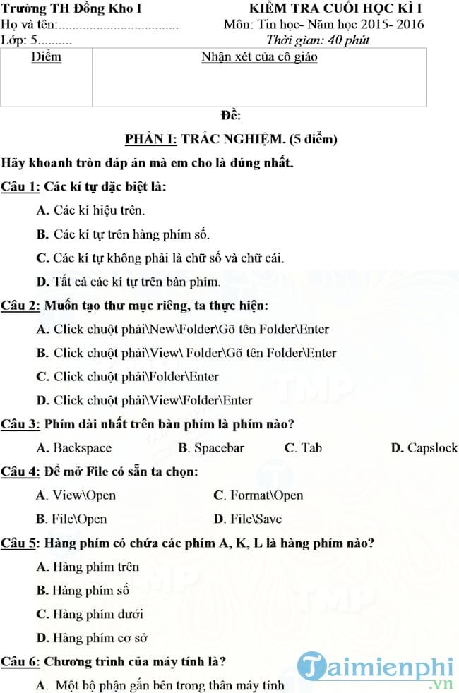 Đề thi học kì 1 môn Tin học lớp 5 trường tiểu học Đồng Kho 1