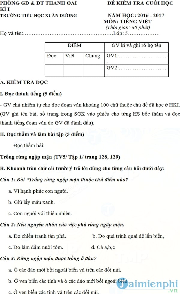 Bộ đề thi học kì 1 môn Tiếng Việt lớp 5