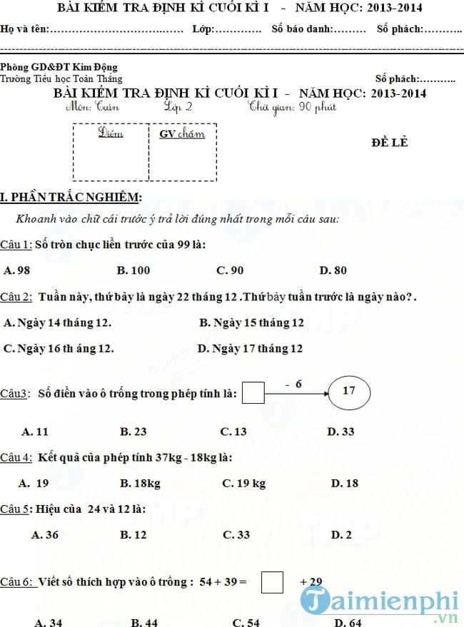 Đề kiểm tra học kì 1 lớp 2 môn Toán, Tiếng Việt