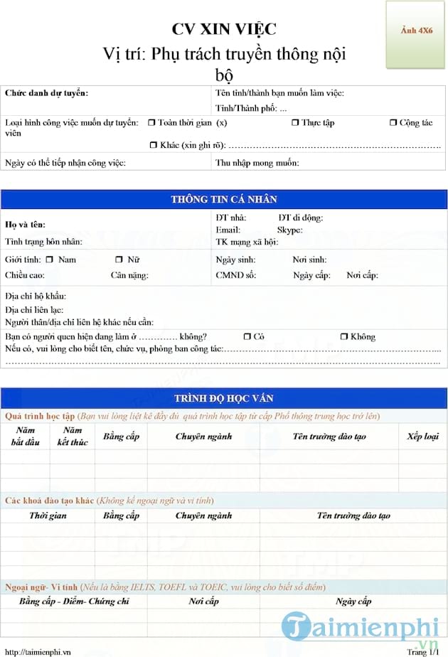 CV xin việc phụ trách truyền thông nội bộ