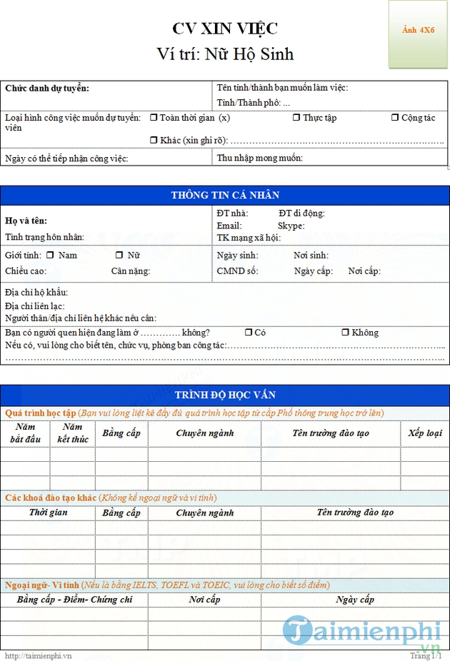 CV xin việc nữ hộ sinh