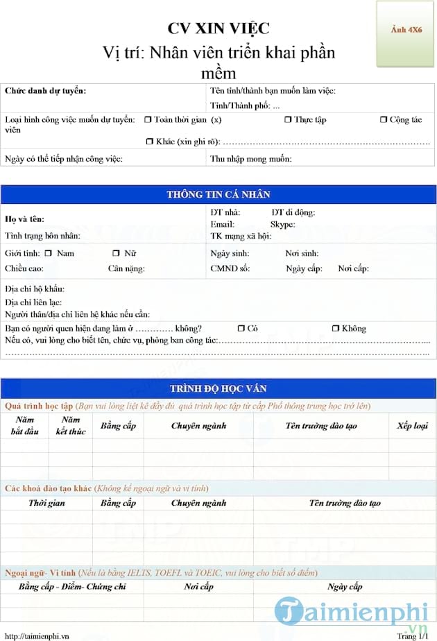 CV xin việc nhân viên triển khai phần mềm