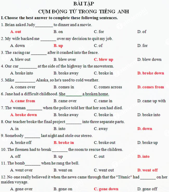 Bài tập về cụm động từ trong Tiếng Anh