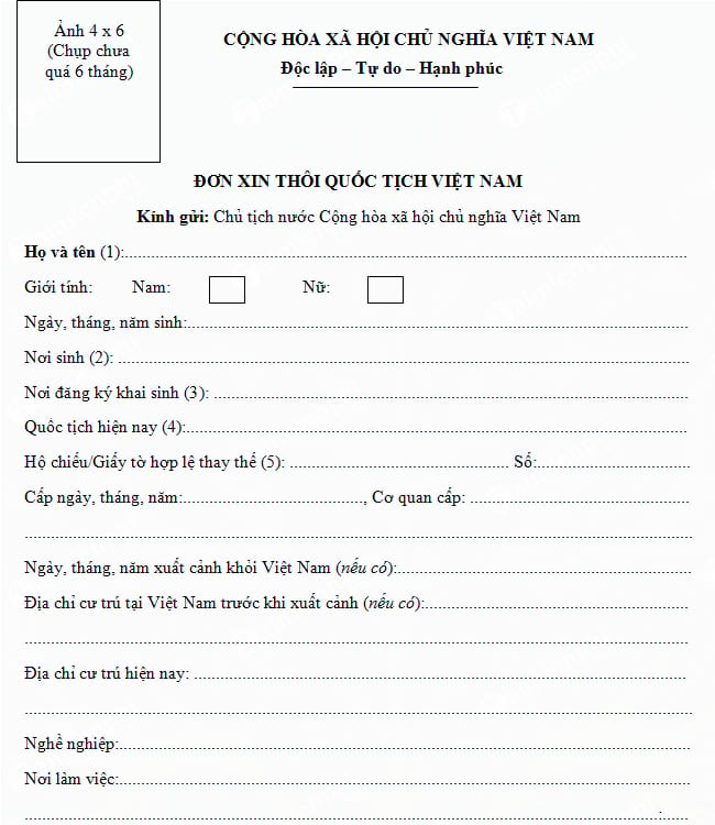 Đơn xin thôi quốc tịch Việt Nam