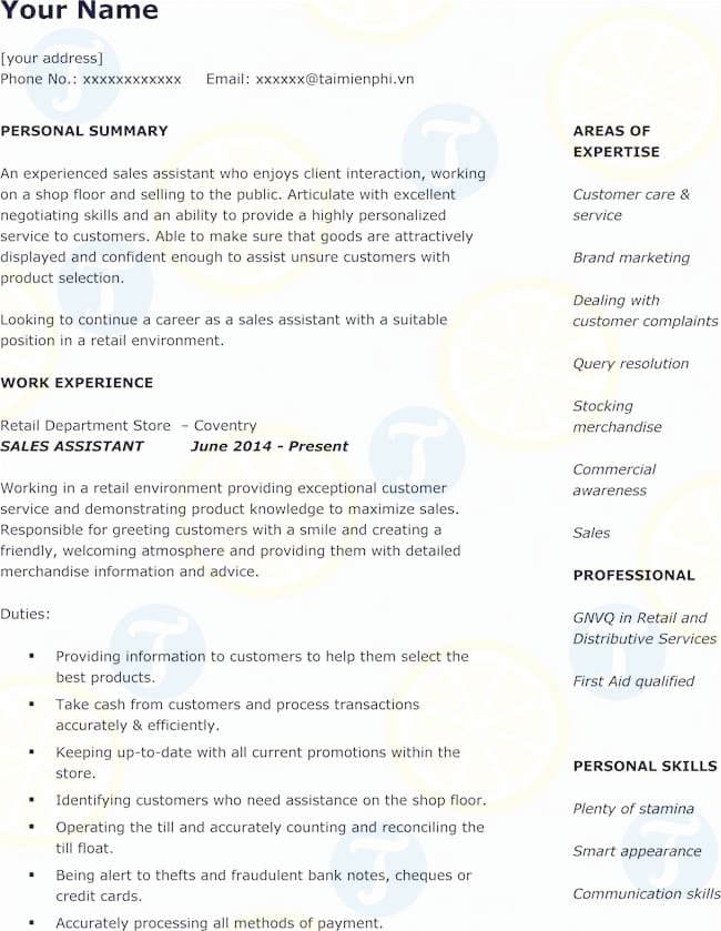 CV mẫu cho vị trí trợ lý kinh doanh bằng tiếng Anh